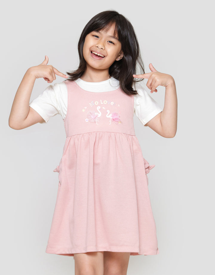 Little M Overall Flamingo Dress Lengan Pendek Anak Perempuan