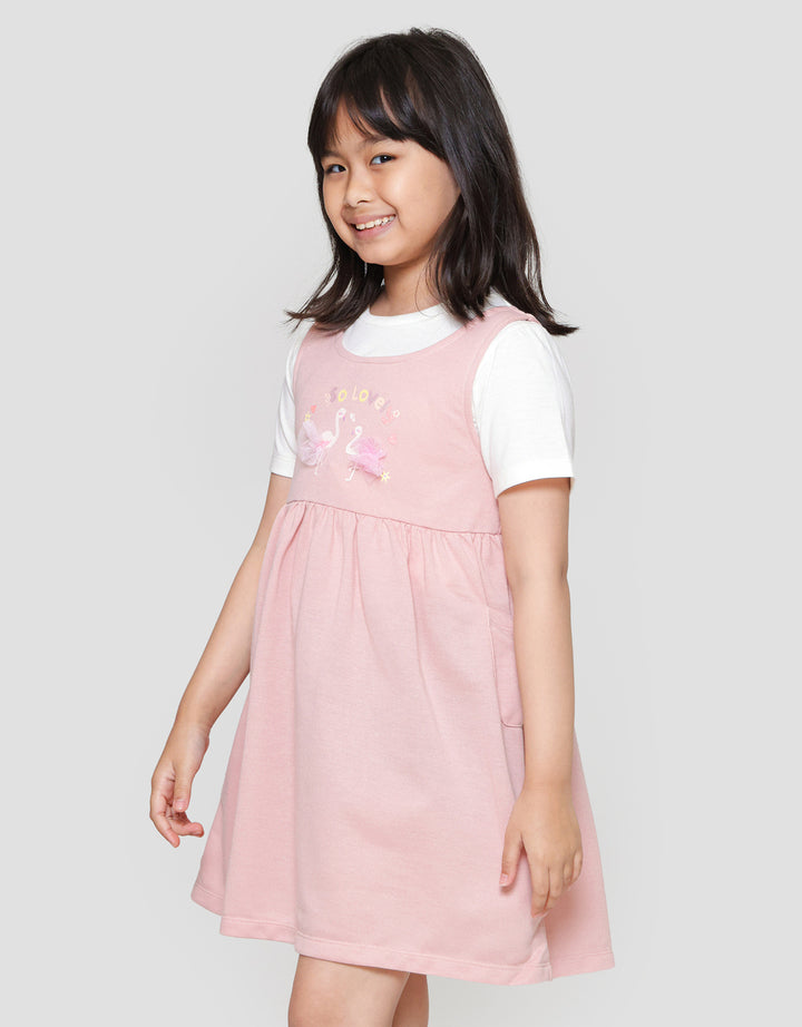 Little M Overall Flamingo Dress Lengan Pendek Anak Perempuan
