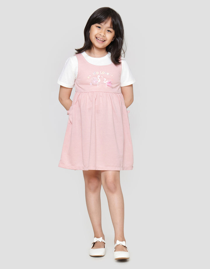 Little M Overall Flamingo Dress Lengan Pendek Anak Perempuan