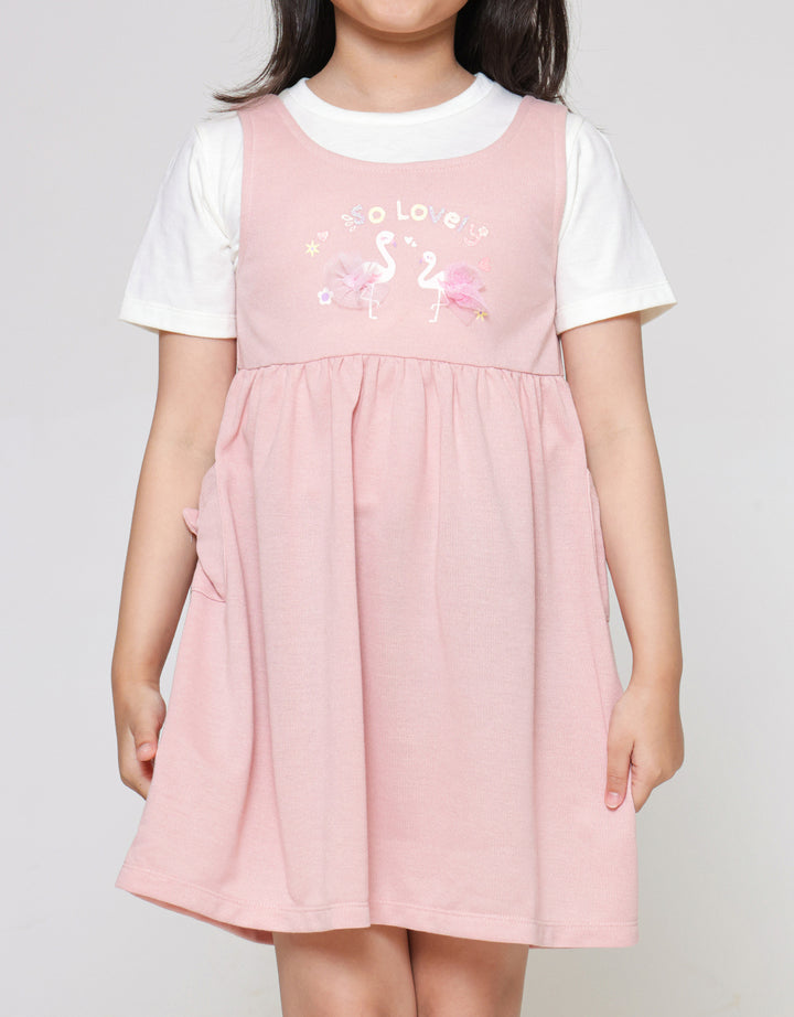 Little M Overall Flamingo Dress Lengan Pendek Anak Perempuan