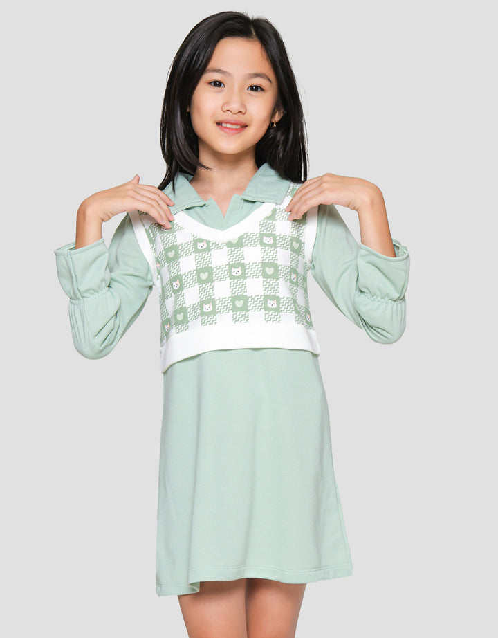 Little M 2In1 Vest Print Cat Love Midi Dress Anak Perempuan