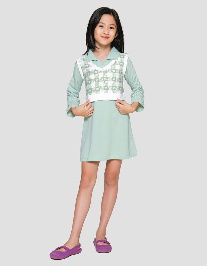 Little M 2In1 Vest Print Cat Love Midi Dress Anak Perempuan