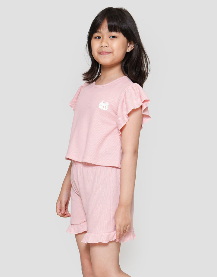 Little M Tekstur Stretch Ruffle Pakaian Set Anak Perempuan