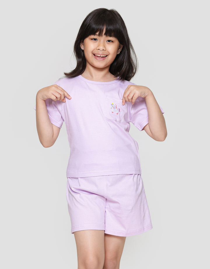 Little M Top - Bottom Set Boxy Tee Kantong Bordir Unicorn