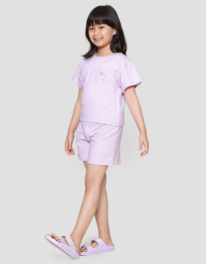 Little M Top - Bottom Set Boxy Tee Kantong Bordir Unicorn