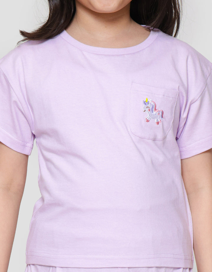 Little M Top - Bottom Set Boxy Tee Kantong Bordir Unicorn