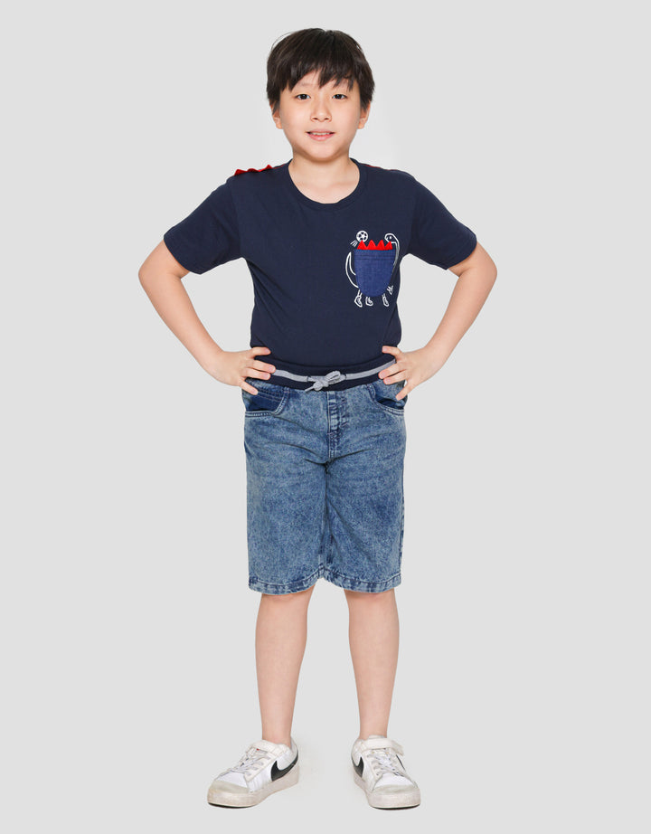 Little M Denim Crop Rib Dino Splash Celana Pendek Anak Laki-Laki