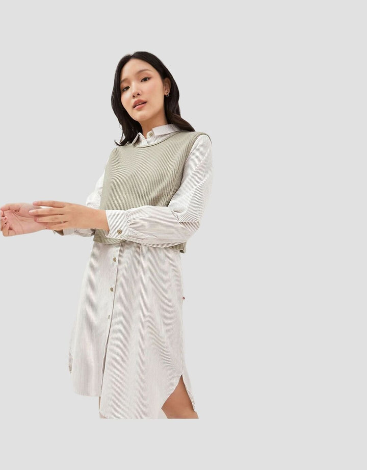 Graphis Dress Kemeja dengan Rompi Motif Garis Wanita