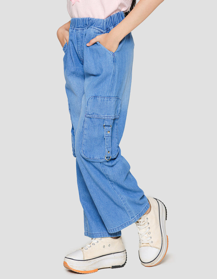Nevada Denim Wideleg Kantong Kargo Tali Besi Celana Panjang Anak Perempuan