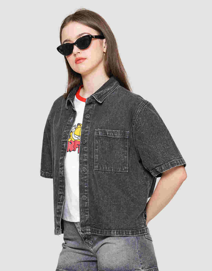 Nevada With Pocket Kemeja Denim Lengan Pendek Wanita