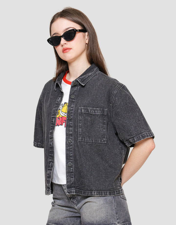 Nevada With Pocket Kemeja Denim Lengan Pendek Wanita