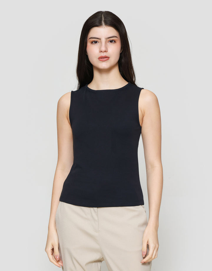 Suko Sleeveless Slit Kerah Bulat Tanpa Lengan Kaos Wanita