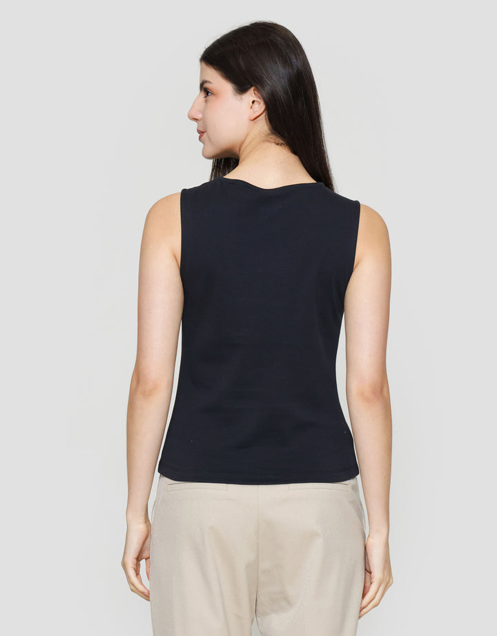 Suko Sleeveless Slit Kerah Bulat Tanpa Lengan Kaos Wanita