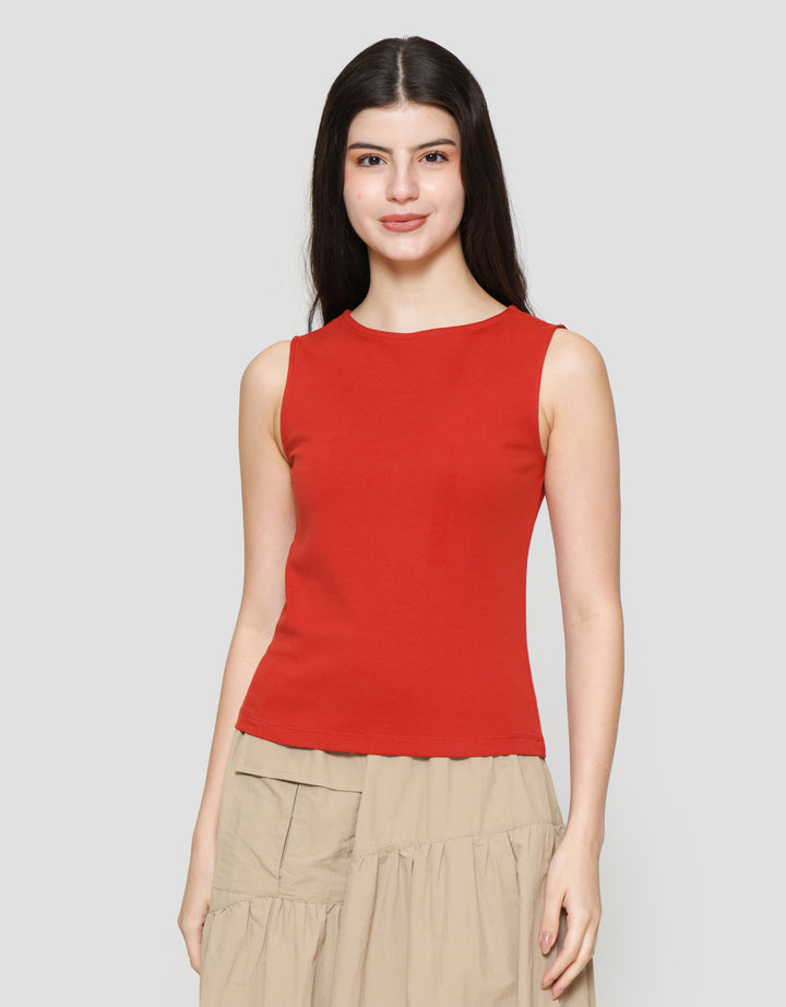 Suko Sleeveless Slit Kerah Bulat Tanpa Lengan Kaos Wanita