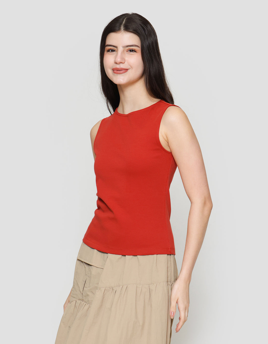 Suko Sleeveless Slit Kerah Bulat Tanpa Lengan Kaos Wanita