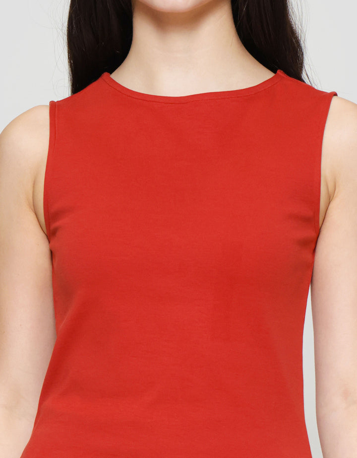 Suko Sleeveless Slit Kerah Bulat Tanpa Lengan Kaos Wanita