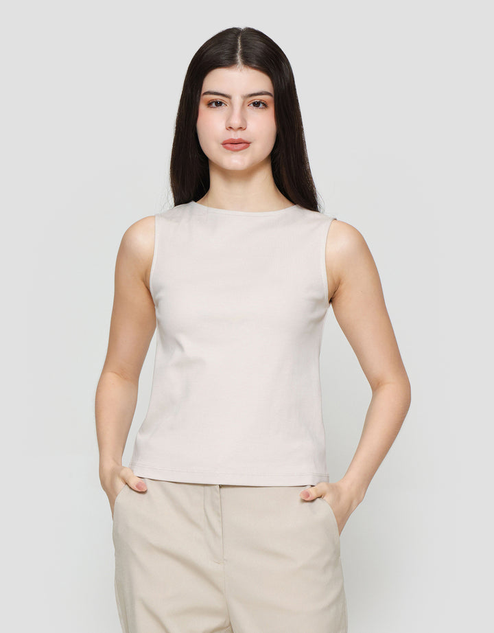 Suko Sleeveless Slit Kerah Bulat Tanpa Lengan Kaos Wanita