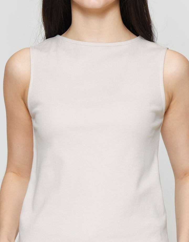 Suko Sleeveless Slit Kerah Bulat Tanpa Lengan Kaos Wanita