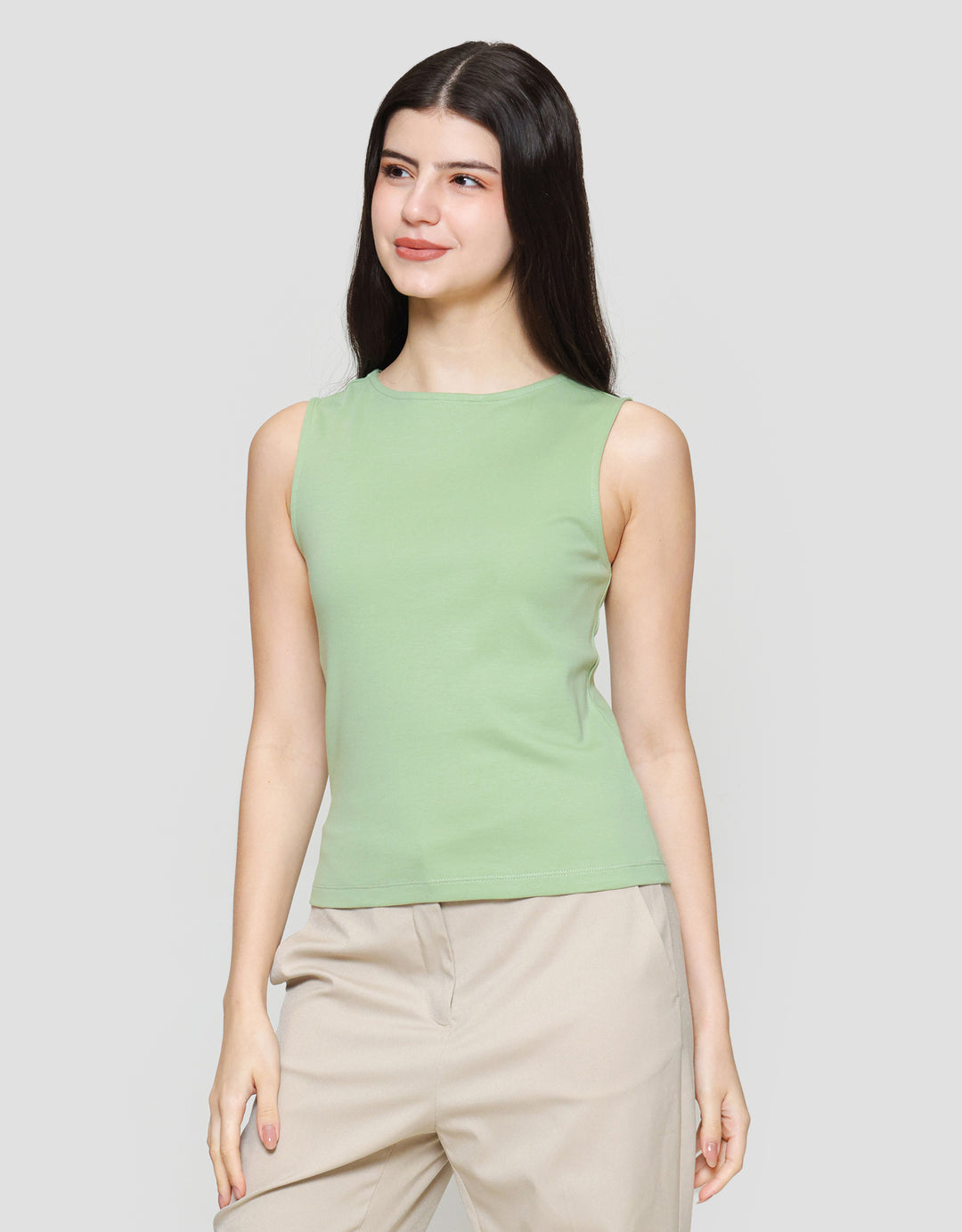 Suko Sleeveless Slit Kerah Bulat Tanpa Lengan Kaos Wanita