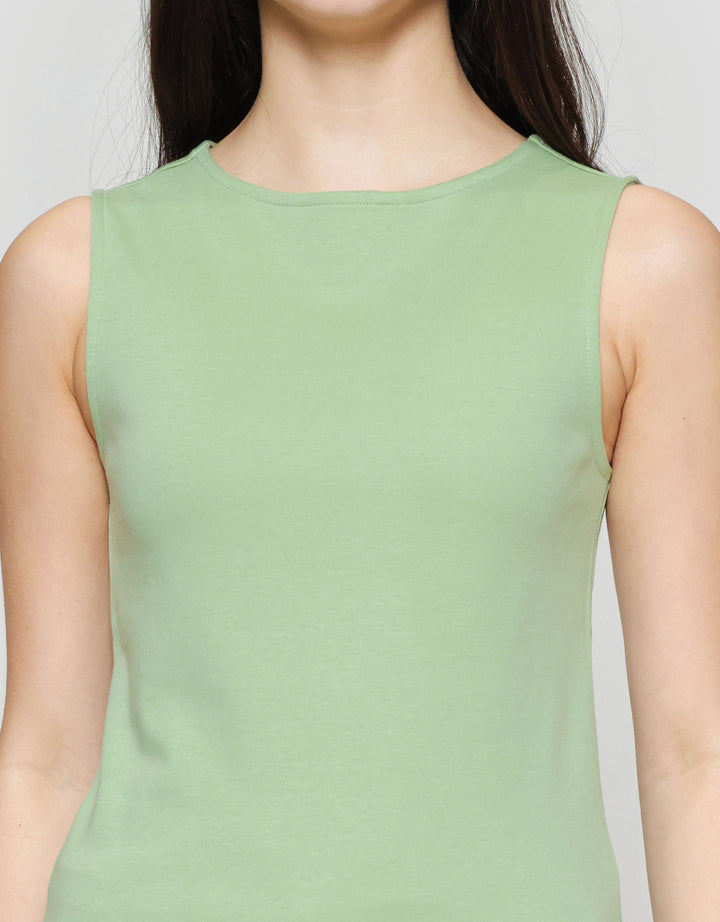 Suko Sleeveless Slit Kerah Bulat Tanpa Lengan Kaos Wanita