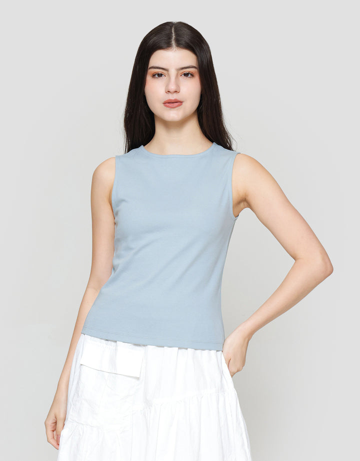 Suko Sleeveless Slit Kerah Bulat Tanpa Lengan Kaos Wanita