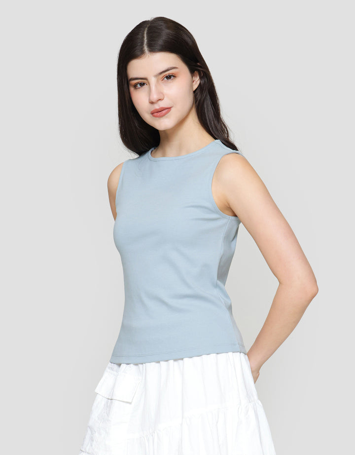 Suko Sleeveless Slit Kerah Bulat Tanpa Lengan Kaos Wanita