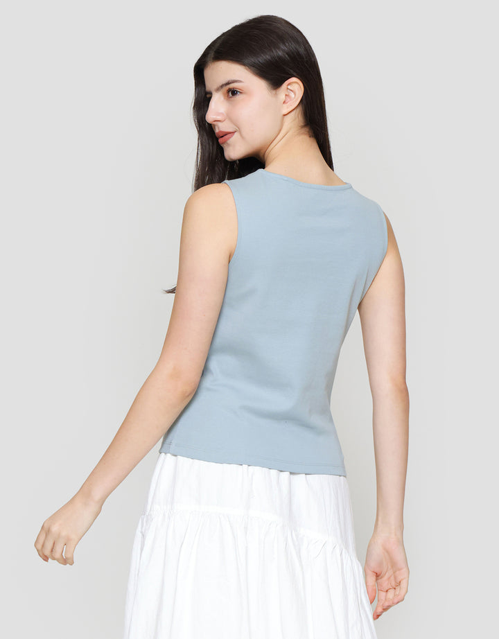 Suko Sleeveless Slit Kerah Bulat Tanpa Lengan Kaos Wanita