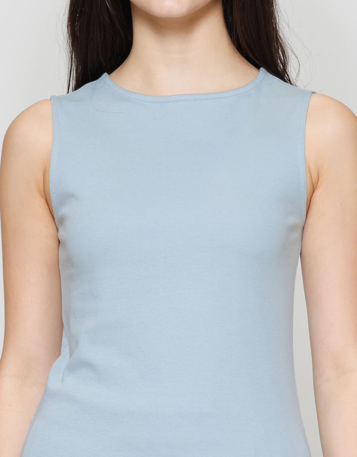 Suko Sleeveless Slit Kerah Bulat Tanpa Lengan Kaos Wanita