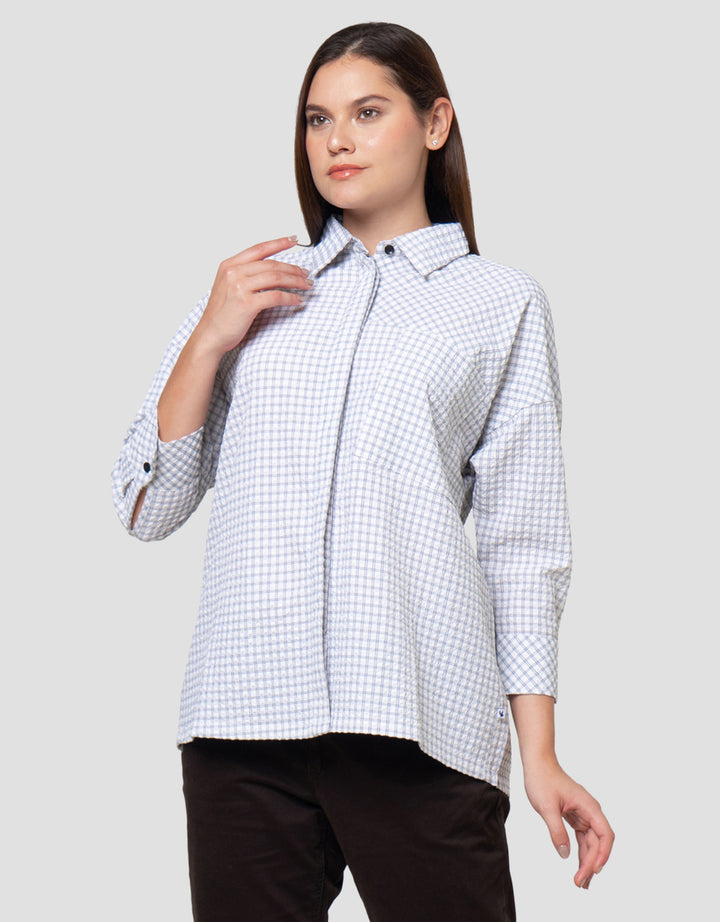 Cardinal Girl Print Little Checks Kemeja Lengan Panjang Wanita