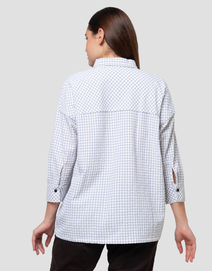 Cardinal Girl Print Little Checks Kemeja Lengan Panjang Wanita