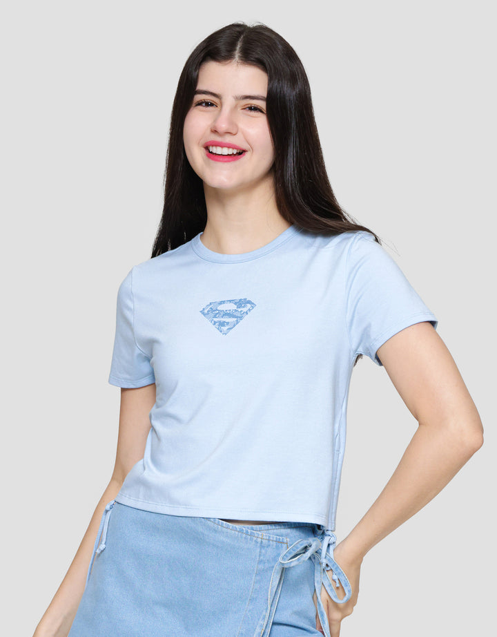 Nevada Baby Tee Spandex Tie Side Print Superman Kaos Wanita