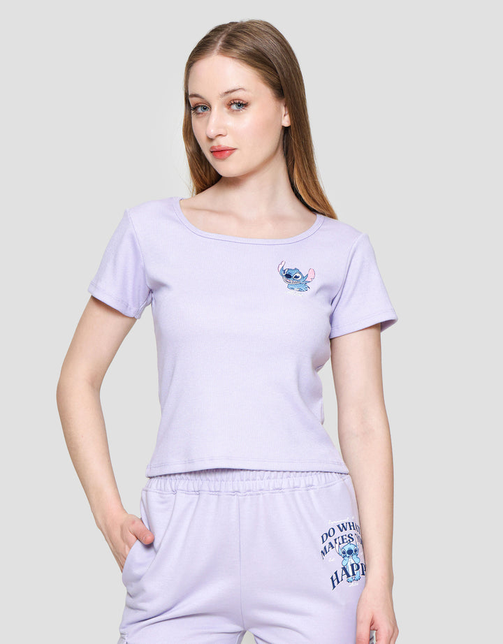 Disney Baby Tee Rib Print Stitch Kaos Lengan Pendek Wanita