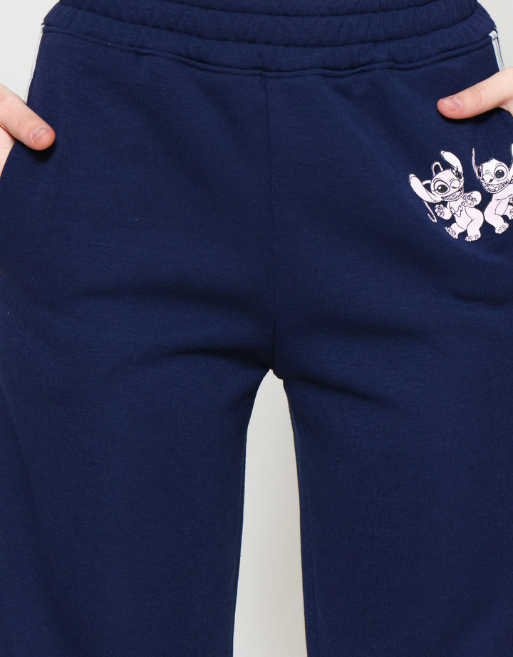 Disney Wide Leg Striped Tape Print Stitch Celana Panjang Wanita