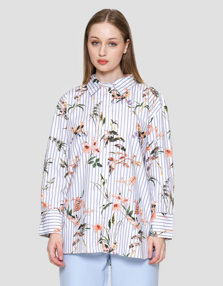 Connexion Strip Print Flower Kemeja Wanita