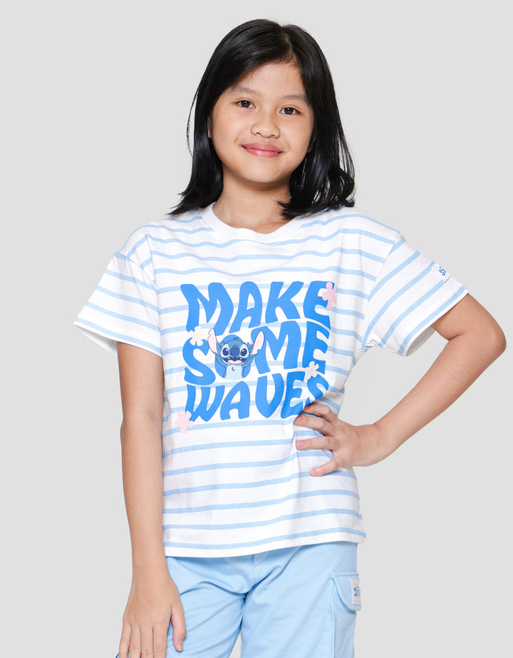 Disney Stripes Stitch Makes Some Waves Kaos Anak Perempuan