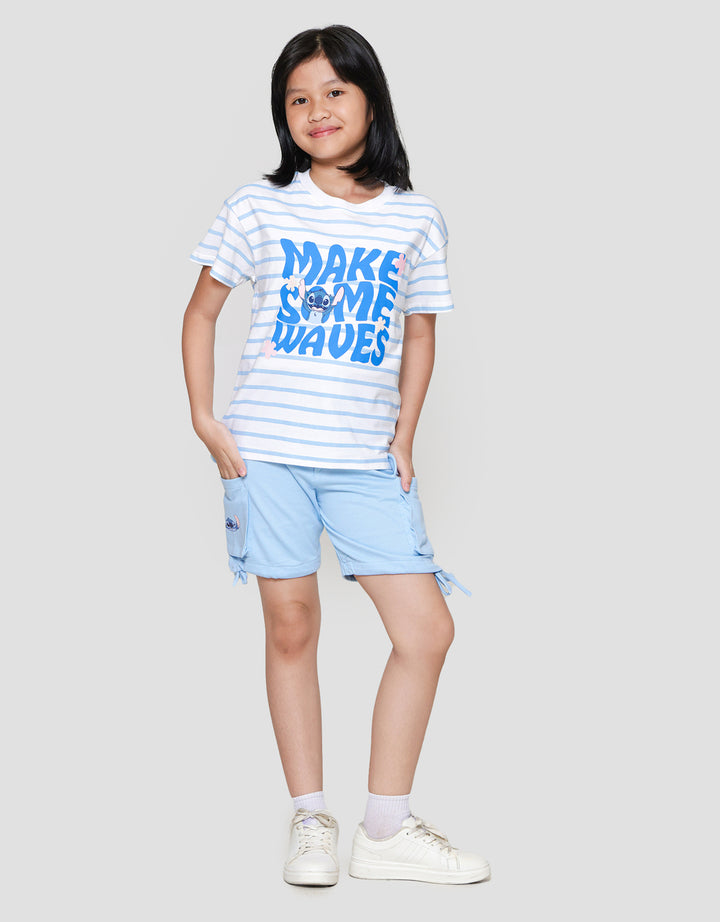 Disney Stripes Stitch Makes Some Waves Kaos Anak Perempuan