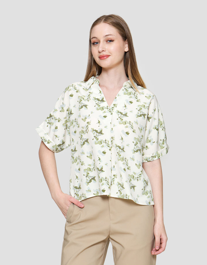 St. Yves Floral Flowy Collared Blouse Wanita
