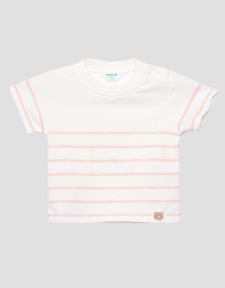 Little M Stripe Patch Bear Kaos Lengan Pendek Anak Perempuan