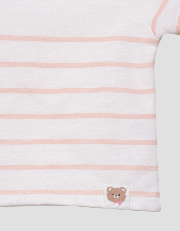 Little M Stripe Patch Bear Kaos Lengan Pendek Anak Perempuan