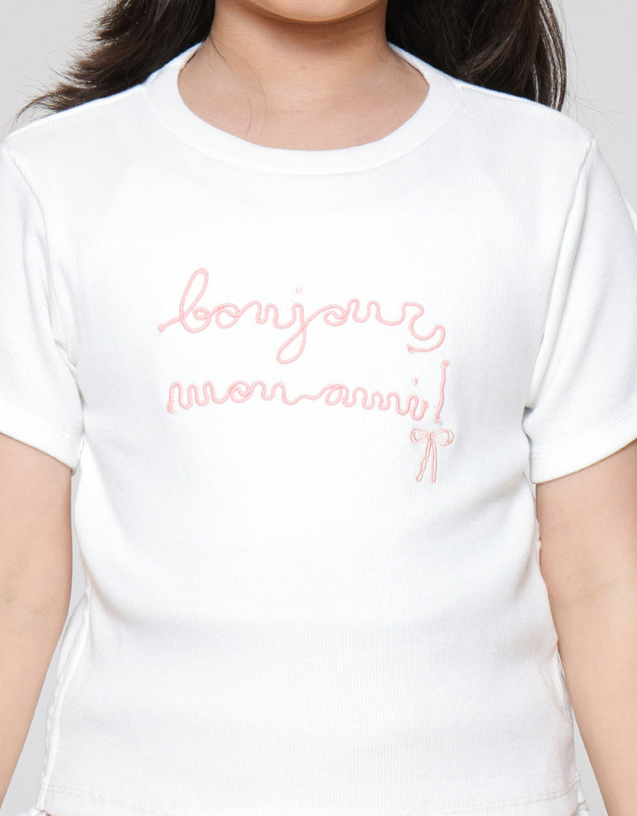 Little M Rib Bordir Bonjour Mon Ami Kaos Anak Perempuan