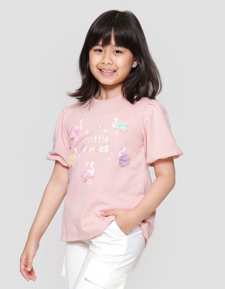 Little M Lengan Balon Aplikasi Flamingo Kaos Anak Perempuan