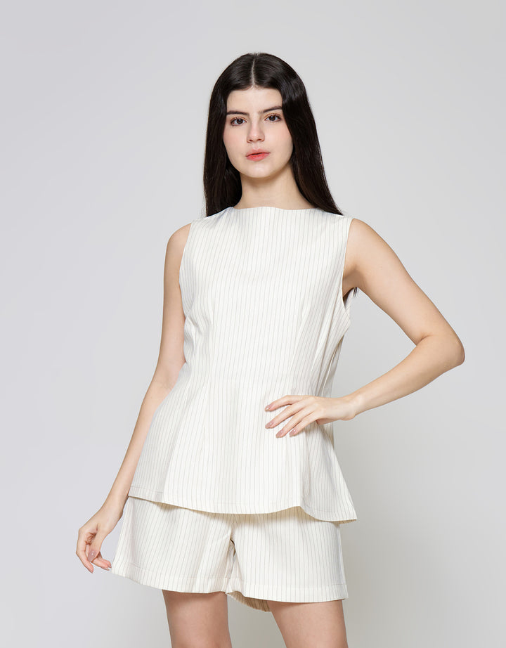 ZES Stripe Sleeveless Pleats Blouse Wanita NIFWT004