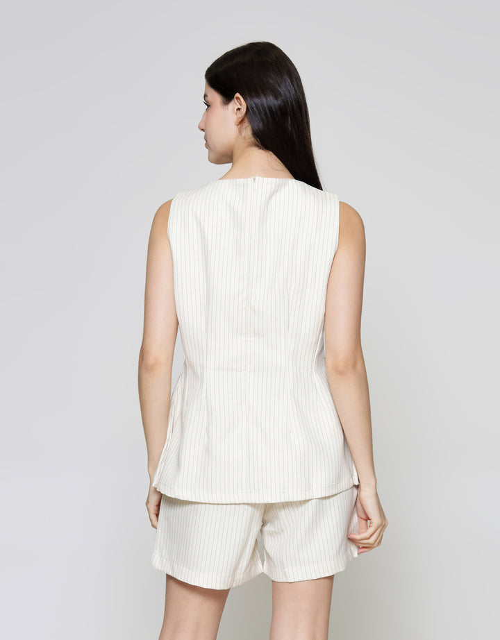 ZES Stripe Sleeveless Pleats Blouse Wanita NIFWT004