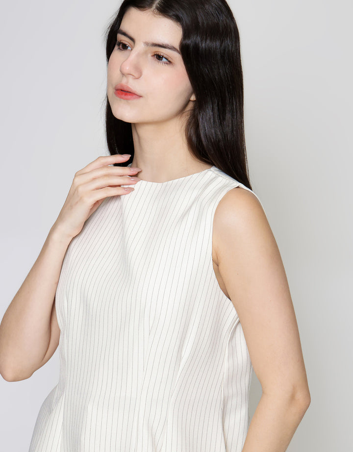 ZES Stripe Sleeveless Pleats Blouse Wanita NIFWT004
