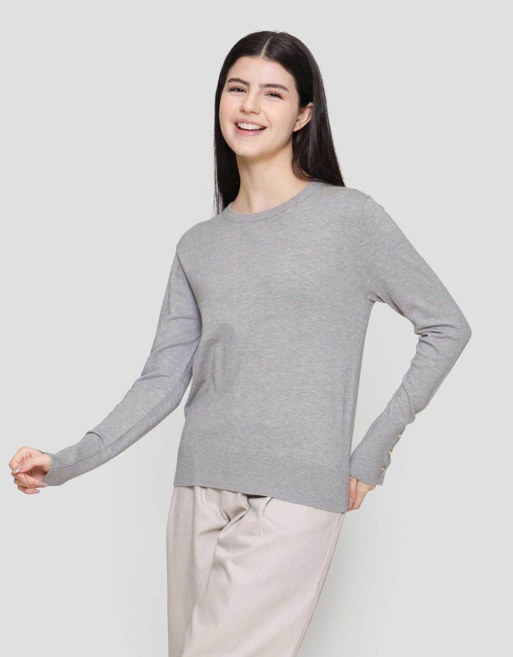 Suko Knit Top Rajut Kerah Bulat Lengan Panjang Kaos Wanita