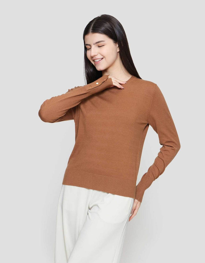 Suko Knit Top Rajut Kerah Bulat Lengan Panjang Kaos Wanita