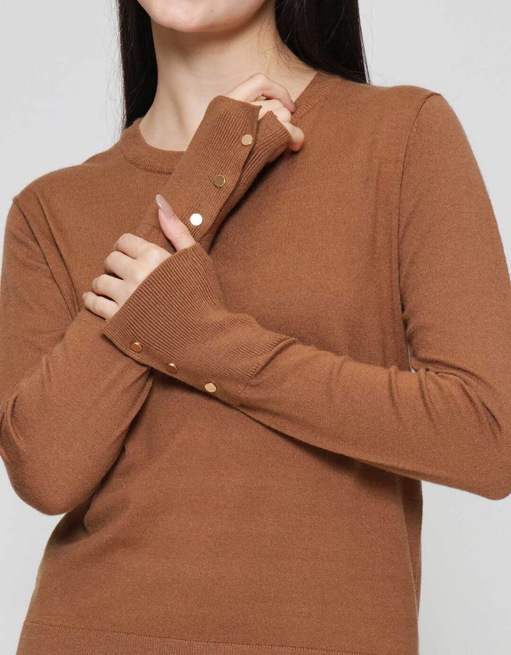 Suko Knit Top Rajut Kerah Bulat Lengan Panjang Kaos Wanita