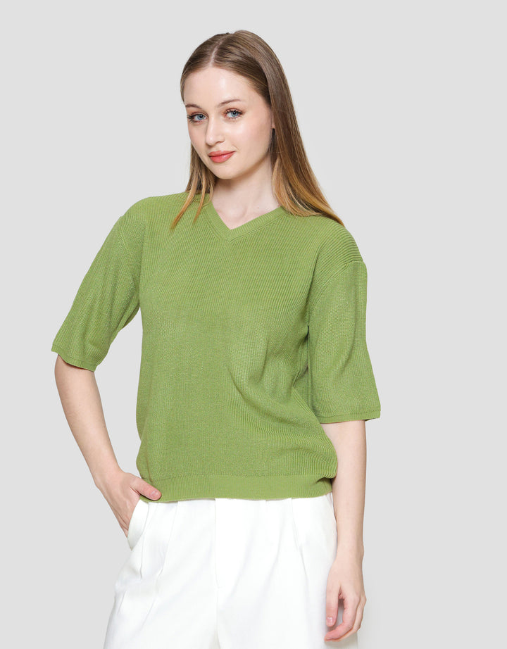 St. Yves Full Cotton Knitted V Neck Top Kaos Wanita