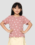 Little M Rib Print Pita Print Kaos Lengan Pendek Anak Perempuan