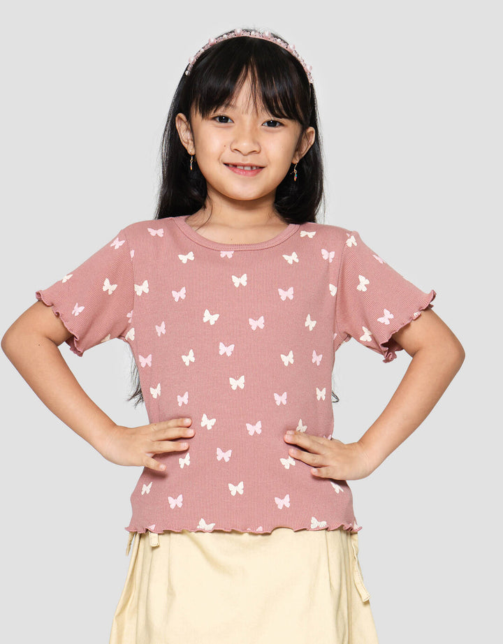 Little M Rib Print Pita Print Kaos Lengan Pendek Anak Perempuan